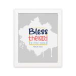 Bless The Lord O My Soul Psalm 103:1 Christian wall art in bold blue and orange, with a light gray background and splash design. hung on the wall in a white frame