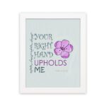 Your Right Hand Upholds Me Psalm 63:8 Christian Wall Art with bold text and floral design on a mint green background. hung on the wall in a white frame