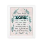 Cast Your Burden on the Lord Psalm 55:22 Christian Wall Art with palm leaf accents and turquoise text on a beige background. hung on the wall in a white frame