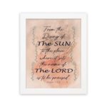 Bible wall art featuring Psalm 113:3 with floral elements and stylish text on a peach background. hung on the wall in a white frame