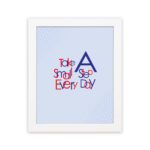 Infidu Take A Small Step Everyday wall art with a gray background navy blue and red text and a white frame hung on the wall. Inspiring decor for any workspace.