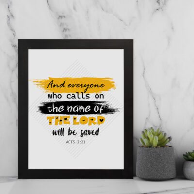 Infidu Bible Wall Art featuring Acts 2:21 with layered text in yellow, black, and white on a textured yellow and black background. displayed on the wall in a black frame