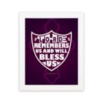 The Lord Remembers Us and Will Bless Us Psalm 115:12 Bible Verse Wall Art in bold white text on a deep purple background. hung on the wall in a black frame