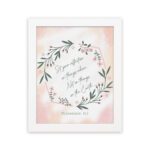 Infidu Set Your Affection On Things Above Bible Wall Art with floral wreath and pink background. hung on the wall in a white frame