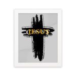 Infidu Jesus Christ Bible Wall Art featuring a black cross and gold lettering on a light gray background. Perfect for home decor. hung on the wall in a white frame