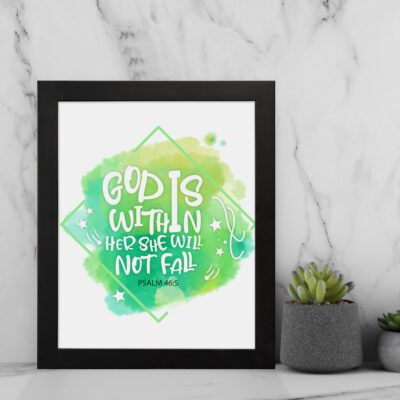 Infidu wall art featuring the quote God Is Within Her, She Will Not Fall with a light green diamond background and white text. displayed on the wall in a black frame