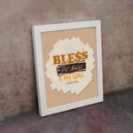 Infidu Bless The Lord O My Soul Psalm 103:1 Christian wall art featuring orange and black text on a beige background. displayed on the wall in a white frame