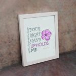 Your Right Hand Upholds Me Psalm 63:8 Christian Wall Art with bold text and floral design on a mint green background. displayed on the wall in a white frame