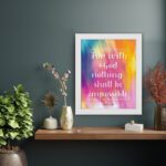 Wall art featuring the verse For with God nothing shall be impossible from Luke 1:37, designed with a colorful watercolor background. displayed on the wall in a white frame