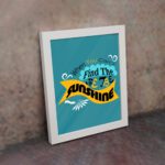 Infidu When You Can't Find the Sunshine, Be the Sunshine Office Wall Art featuring black, yellow, and blue text on a light blue background with decorative elements, framed in white on the wall. Perfect for inspirational quote wall art, office wall art, and home decor.