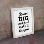 Infidu motivational quotes wall art featuring Dream Big Work Hard Make It Happen on a white background and a white frame and displayed on the wall. Perfect for inspiring your workspace.