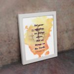 Set Your Affection on Things Above Colossians 3:2 Bible Verse Wall Art with subtle cross and watercolor background. displayed on the wall in a white frame