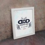 Infidu Bible wall art featuring the quote With God Nothing Shall Be Impossible in navy blue text on a light blue watercolor background. displayed on the wall in a white frame