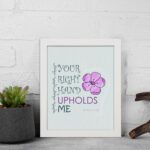 Your Right Hand Upholds Me Psalm 63:8 Christian Wall Art with bold text and floral design on a mint green background. displayed on the wall in a white frame