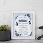 Christian wall art featuring Psalm 55:22 with navy blue text on a light blue and white background, decorated with blue flowers. displayed on the wall in a white frame