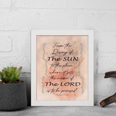 Bible wall art featuring Psalm 113:3 with floral elements and stylish text on a peach background. displayed on the wall in a white frame