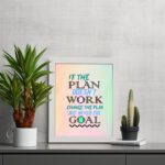 Infidu motivational quotes wall art featuring If The Plan Doesn't Work, Change The Plan But Never The Goal on a green and sandal background and white frame on the table. Perfect for inspiring your workspace