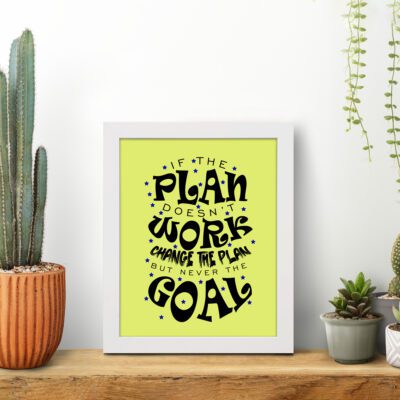 Infidu If The Plan Doesn't Work Change The Plan But Never The Goal wall art with a light green background and dark blue star design and white frame on the table. Inspiring decor for home offices and workspaces.