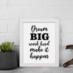 Infidu motivational quotes wall art featuring Dream Big Work Hard Make It Happen on a white background and a white frame and show on the wall. Perfect for inspiring your workspace.