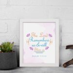 Wall art featuring The Lord Remembers Us And Will Bless Us Psalm 115:12 in pastel colors with leaf accents on a soft background. displayed on the wall in a white frame