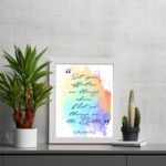 Bible wall art featuring Colossians 3:2 in cursive text on a colorful rainbow background. displayed on the table in a white frame