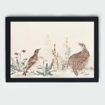 Vintage art print of "Uzura Hibari" by Utamaro Kitagawa,showcases quail and meadowlark birds with a poetic touch,hung on a grey background wall with black