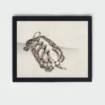 Serene turtle art print by Kono Bairei, mounted on the wall with black frame