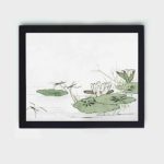 This stunning vintage art print of water striders on a pond by Morimoto Toko,displayed on a wall