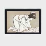 Experience the beauty of Japanese culture with this Goyo Hashiguchi kimono art print,mounted on the wall