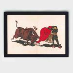 Feel the adrenaline rush with this vintage matador and bull art print,mounted on the wall