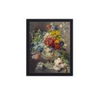 This vintage art print of a stunning flower bouquet in a vase,mounted on the wall with black frame