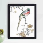 vibrant beauty of a Macaw and Drooping Peach in this vintage art print by Numata Kashu,placed on the wall