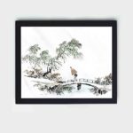 the serenity of a solitary figure crossing a bridge in this vintage art print by Kono Bairei,placed on the wall