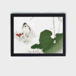 this stunning vintage art print of a Eurasian tree sparrow by Watanabe Seitei,displayed on the wall