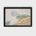 stunning vintage art print of a traditional Japanese house from Momoyogusa Flowers of a Hundred Generations,framed and placed on the wall