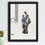 Vintage art print featuring "Actor in the No Play Tomonaga" by Kogyo Tsukioka, displayed on a wall with black frame