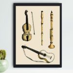 Experience the harmony of music with this vintage illustration of musical instruments,mounted on the wall