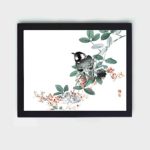 Discover the charm of a Black-capped Chickadee in this vintage art print by Kono Bairei,placed on the wall