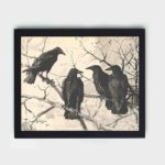 Experience the intrigue of crows with this vintage art print,framed and placed on the wall