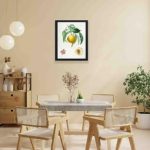 This stunning vintage fruit tree print,hung on a yellow background wall with black frame.