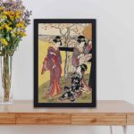 Gotenyama no Hanami Hidari by Utamaro Kitagawa. Exquisite vintage Japanese art,Cherry blossom beauty, black frame is placed on a table