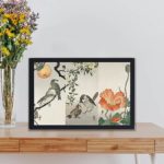 Experience the harmony of nature with this Ohara Koson bird and plant art print,displayed on a table