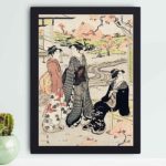 Elevate your space with "Nina no Hanami," a stunning high-res vintage art print featuring a kimono-clad woman amidst cherry blossoms. hung on a grey background wall