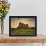 Unveil the mystery of this vintage ruined building landscape art print,displayed on a table