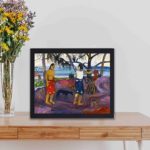 Vintage art print of Paul Gauguin's "I Raro Te Oviri."kept on a table