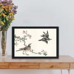 the beauty of the Dosky Thrush and Japanese Grey Thrush in this vintage art print by Numata Kashu by Toyohara Kunichika,placed on the wall