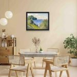 The French countryside indoors with Caillebotte's "The Seine at Argenteuil."hung on a yellow background wall with black frame