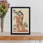 Enchanted Sotoori Hime vintage art print. Discover the grace of a Japanese princess in this stunning Ukiyo-e by Eishi Hosoda. displayed on a table.