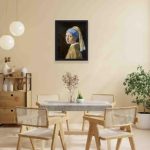 Own a piece of art history with our "Girl with a Pearl Earring" print,hung on a yellow background wall