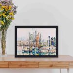 The vibrant charm of La Rochelle with this stunning vintage art print by Paul Signac,kept on a table with black frame